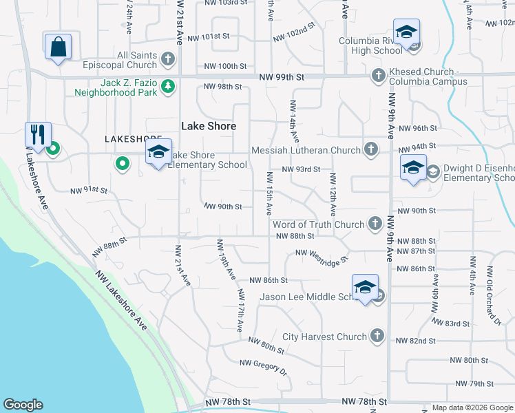map of restaurants, bars, coffee shops, grocery stores, and more near 9001 Northwest 17th Avenue in Vancouver