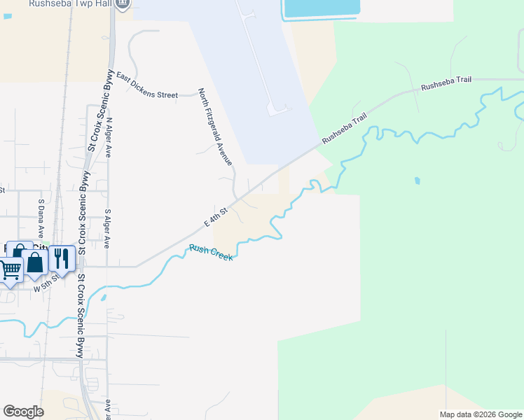 map of restaurants, bars, coffee shops, grocery stores, and more near 470 East 4th Street in Rush City