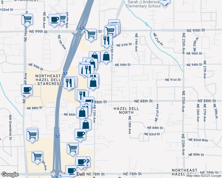 map of restaurants, bars, coffee shops, grocery stores, and more near 8910 Northeast 15th Avenue in Vancouver