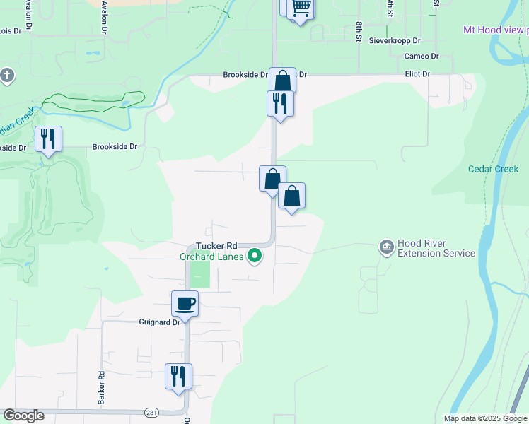 map of restaurants, bars, coffee shops, grocery stores, and more near 1086 Tucker Road in Hood River