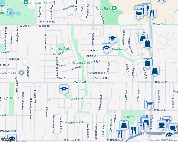 map of restaurants, bars, coffee shops, grocery stores, and more near 738 North Aster Avenue in Bozeman