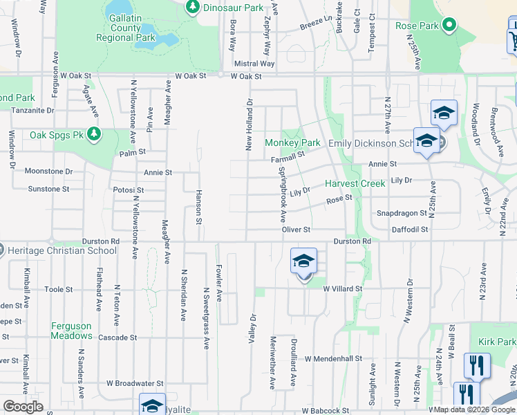 map of restaurants, bars, coffee shops, grocery stores, and more near 3176 Rose Street in Bozeman