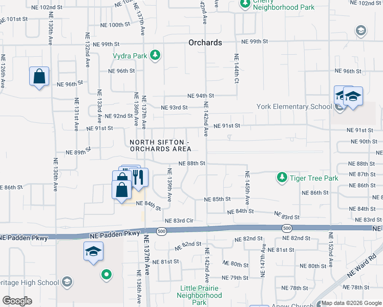 map of restaurants, bars, coffee shops, grocery stores, and more near 14005 Northeast 89th Circle in Vancouver