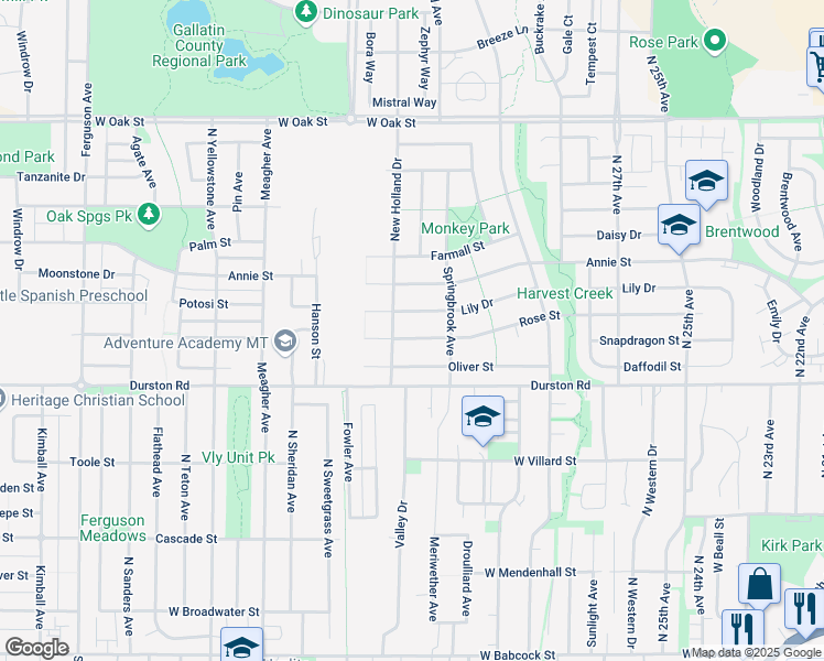 map of restaurants, bars, coffee shops, grocery stores, and more near 3169 Rose Street in Bozeman