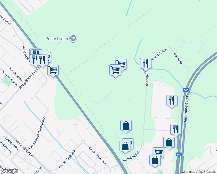 map of restaurants, bars, coffee shops, grocery stores, and more near 545 Rue Fernand Poitras in Terrebonne