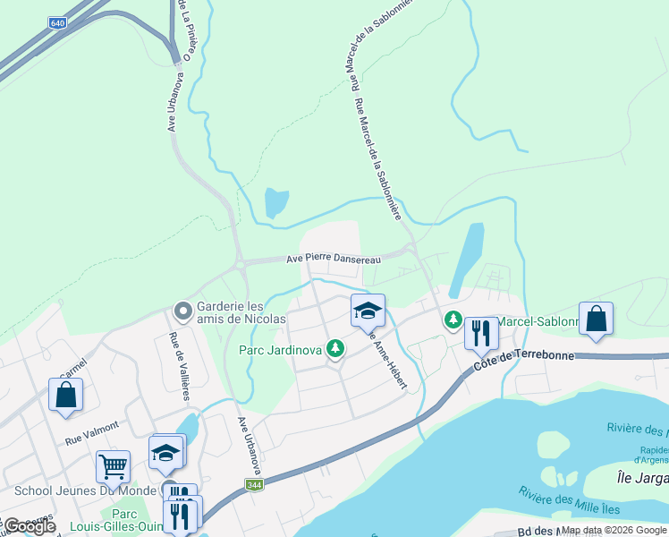 map of restaurants, bars, coffee shops, grocery stores, and more near 912 Avenue Pierre Dansereau in Terrebonne