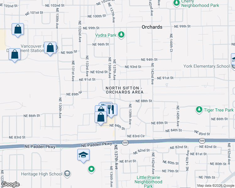 map of restaurants, bars, coffee shops, grocery stores, and more near 8801 Northeast 136th Avenue in Vancouver