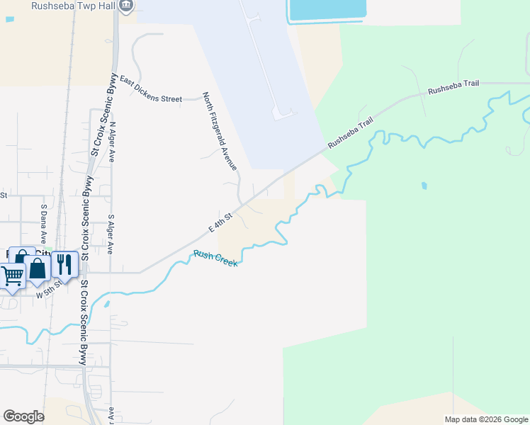 map of restaurants, bars, coffee shops, grocery stores, and more near 470 East 4th Street in Rush City