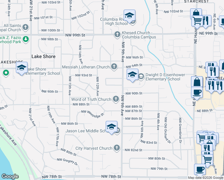 map of restaurants, bars, coffee shops, grocery stores, and more near 918 Northwest 90th Street in Vancouver