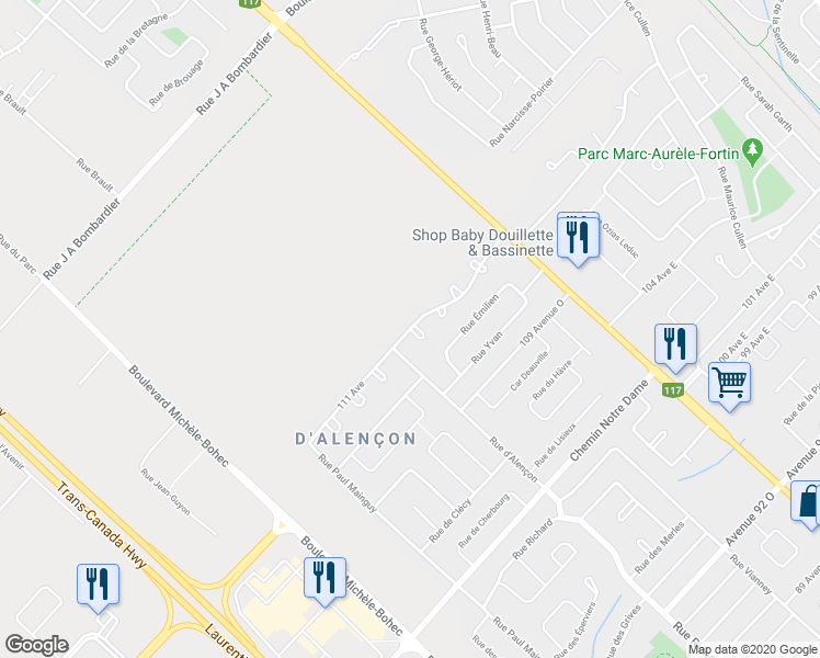 map of restaurants, bars, coffee shops, grocery stores, and more near 111e Avenue Ouest in Blainville