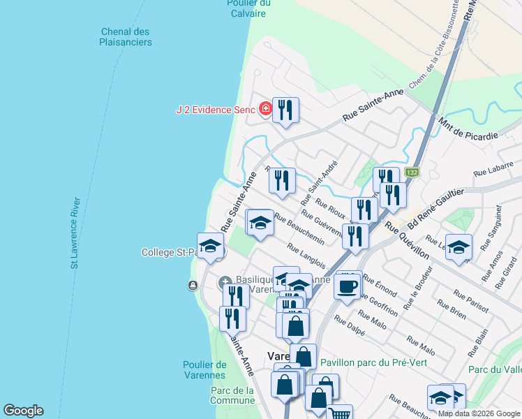 map of restaurants, bars, coffee shops, grocery stores, and more near 16 Rue Beauchemin in Varennes