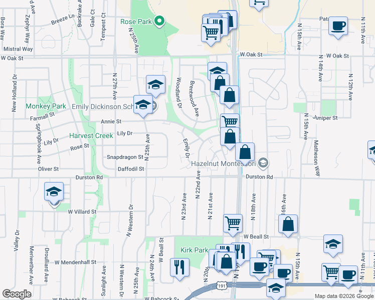 map of restaurants, bars, coffee shops, grocery stores, and more near 640 Emily Drive in Bozeman