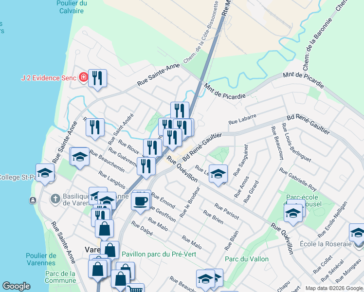 map of restaurants, bars, coffee shops, grocery stores, and more near 2444 Boulevard René-Gaultier in Varennes