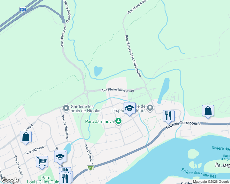 map of restaurants, bars, coffee shops, grocery stores, and more near 906 Avenue Pierre Dansereau in Terrebonne