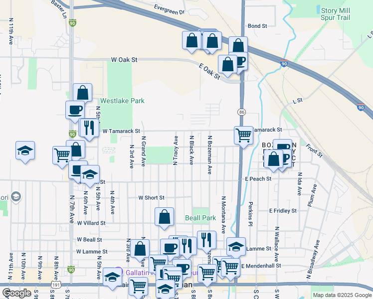 map of restaurants, bars, coffee shops, grocery stores, and more near 711 North Black Avenue in Bozeman