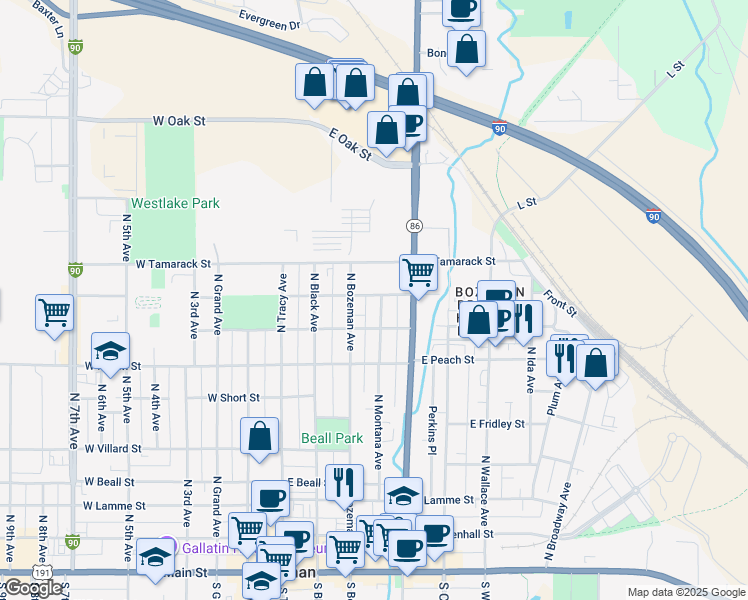 map of restaurants, bars, coffee shops, grocery stores, and more near 721 North Montana Avenue in Bozeman