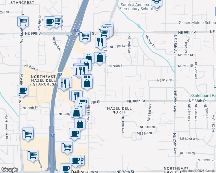 map of restaurants, bars, coffee shops, grocery stores, and more near 8917 Northeast 15th Avenue in Vancouver