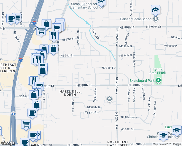 map of restaurants, bars, coffee shops, grocery stores, and more near 1922 Northeast 90th Circle in Vancouver