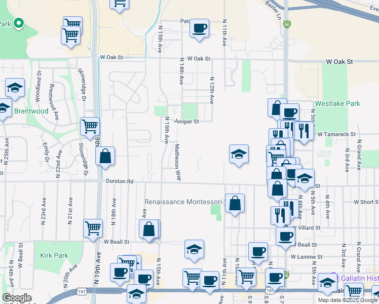 map of restaurants, bars, coffee shops, grocery stores, and more near 1215 Durston Road in Bozeman