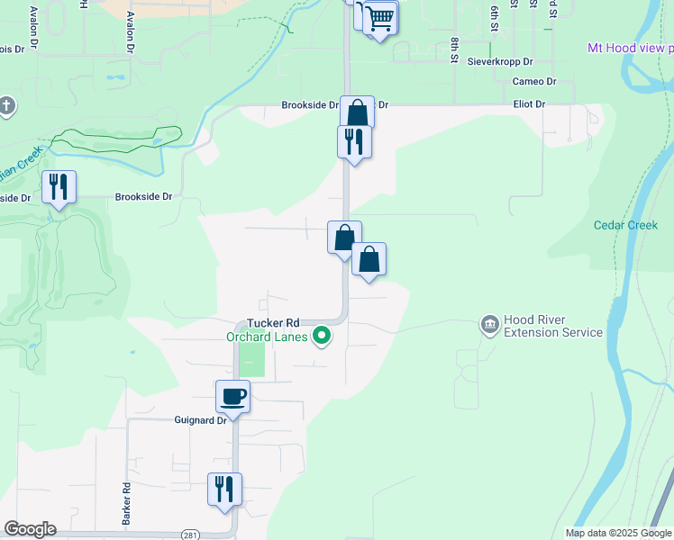map of restaurants, bars, coffee shops, grocery stores, and more near 1086 Tucker Road in Hood River