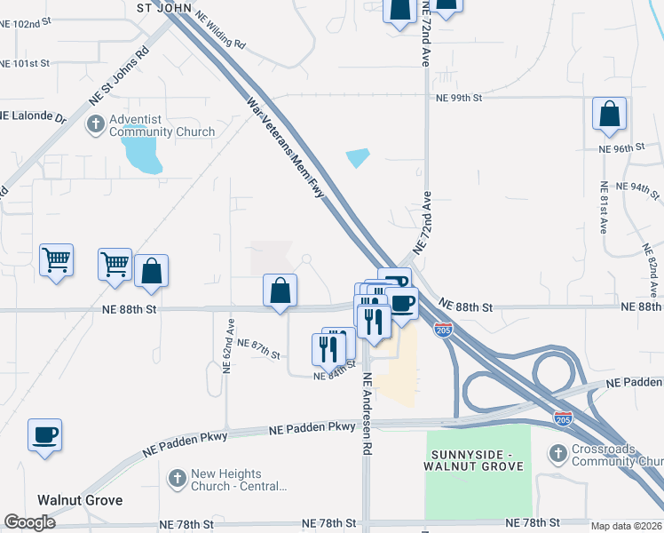 map of restaurants, bars, coffee shops, grocery stores, and more near 6308 NE 88th St in Vancouver