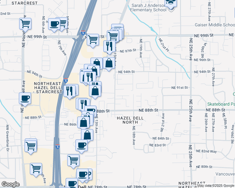 map of restaurants, bars, coffee shops, grocery stores, and more near 8910 Northeast 15th Avenue in Vancouver