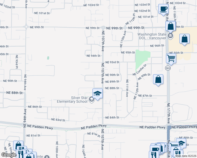 map of restaurants, bars, coffee shops, grocery stores, and more near 10512 Northeast 89th Circle in Vancouver