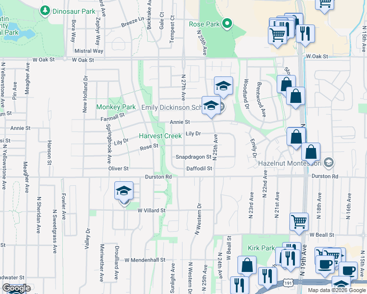 map of restaurants, bars, coffee shops, grocery stores, and more near 2619 Snapdragon Street in Bozeman