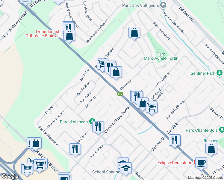map of restaurants, bars, coffee shops, grocery stores, and more near 1329 Boulevard Curé-Labelle in Blainville