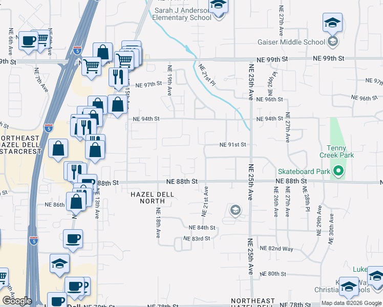 map of restaurants, bars, coffee shops, grocery stores, and more near 1909 Northeast 90th Circle in Vancouver