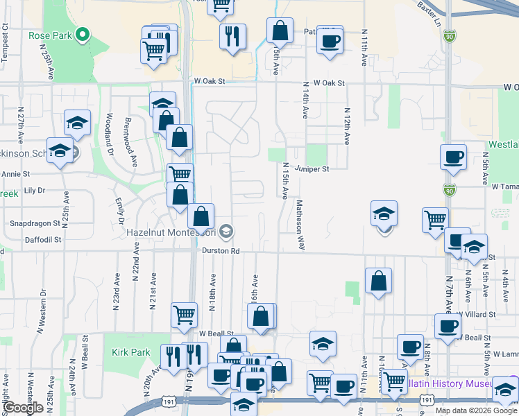 map of restaurants, bars, coffee shops, grocery stores, and more near 704 North 17th Avenue in Bozeman