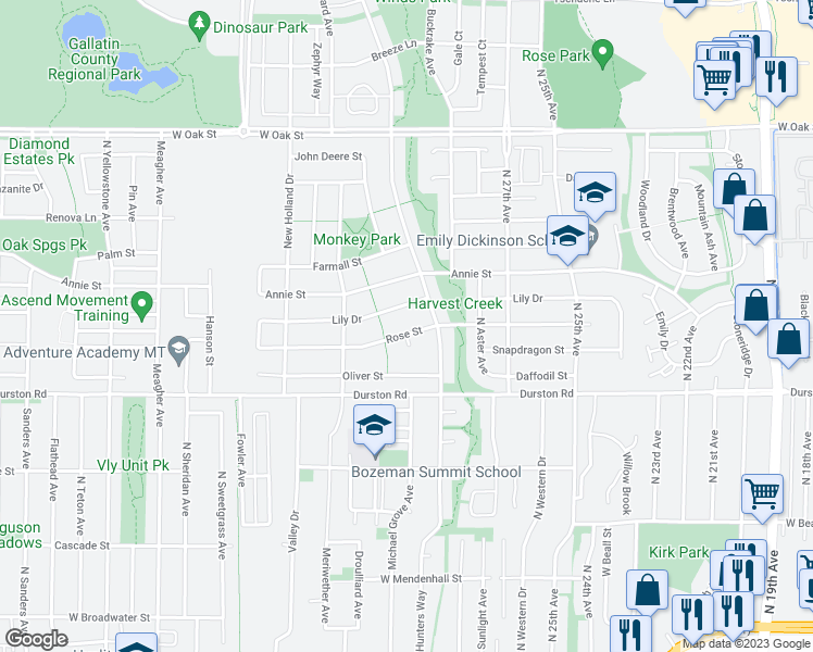 map of restaurants, bars, coffee shops, grocery stores, and more near 2913 Rose Street in Bozeman