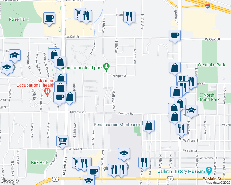 map of restaurants, bars, coffee shops, grocery stores, and more near 792 Matheson Way in Bozeman