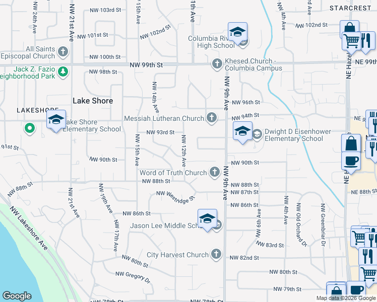 map of restaurants, bars, coffee shops, grocery stores, and more near 8916 Northwest 12th Avenue in Vancouver
