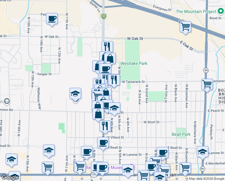 map of restaurants, bars, coffee shops, grocery stores, and more near 515 West Aspen Street in Bozeman