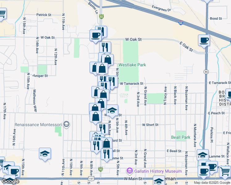 map of restaurants, bars, coffee shops, grocery stores, and more near 606 North 5th Avenue in Bozeman