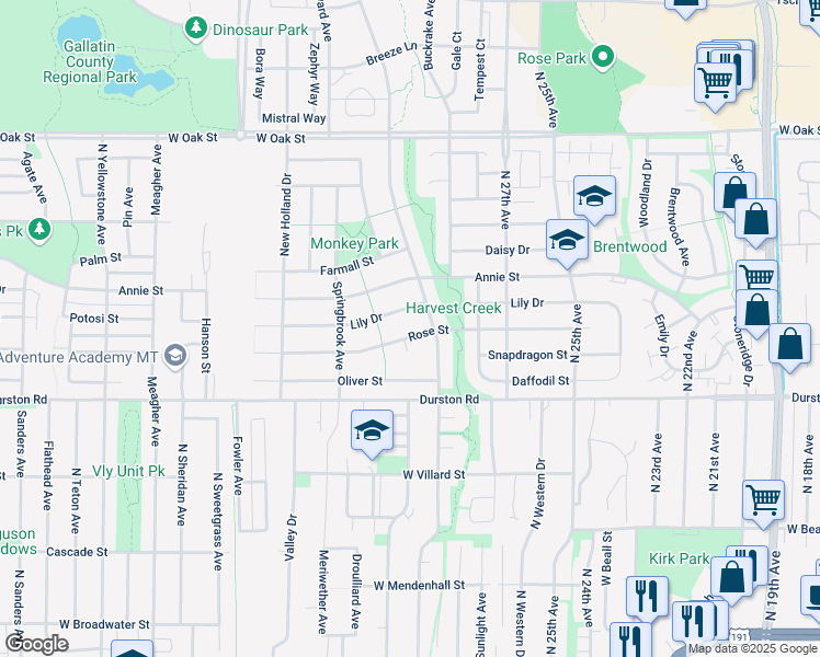 map of restaurants, bars, coffee shops, grocery stores, and more near 2913 Rose Street in Bozeman