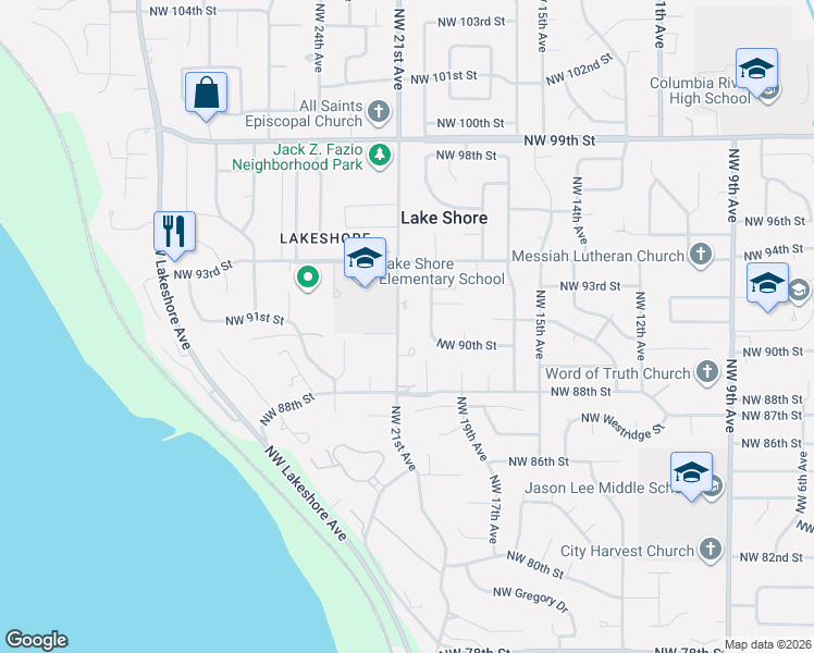map of restaurants, bars, coffee shops, grocery stores, and more near 8905 Northwest 21st Avenue in Vancouver