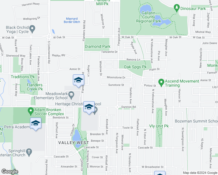 map of restaurants, bars, coffee shops, grocery stores, and more near 4142 Sunstone Street in Bozeman