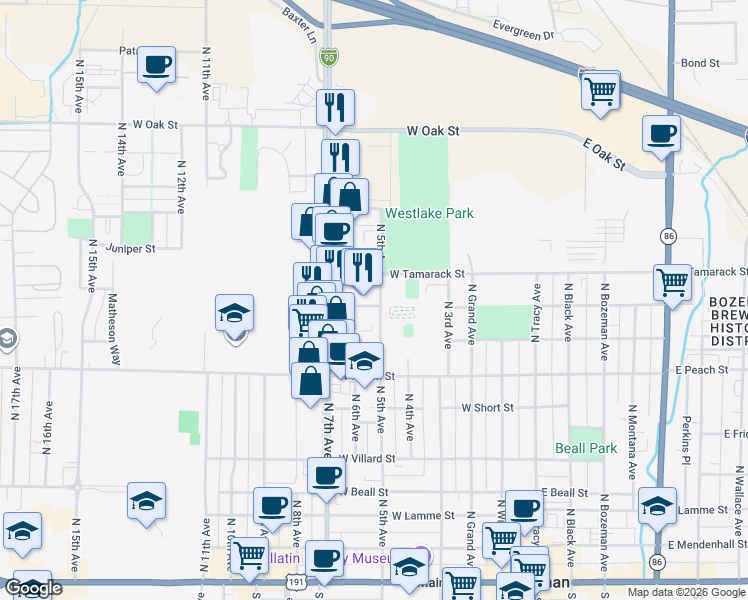 map of restaurants, bars, coffee shops, grocery stores, and more near 442-498 West Tamarack Street in Bozeman