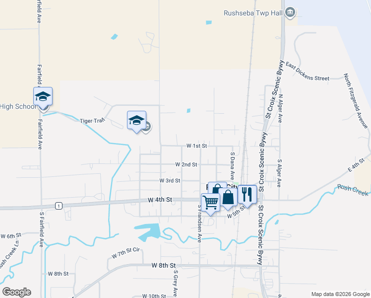 map of restaurants, bars, coffee shops, grocery stores, and more near 475 West 1st Street in Rush City