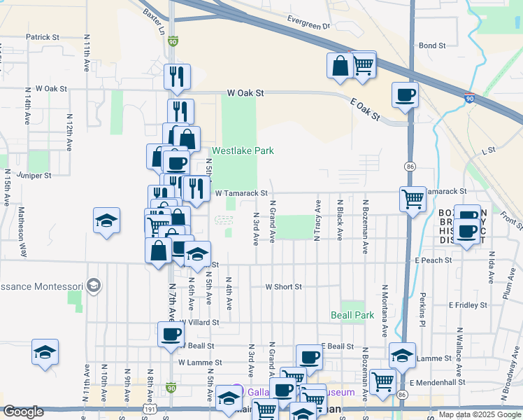 map of restaurants, bars, coffee shops, grocery stores, and more near 821 North Grand Avenue in Bozeman