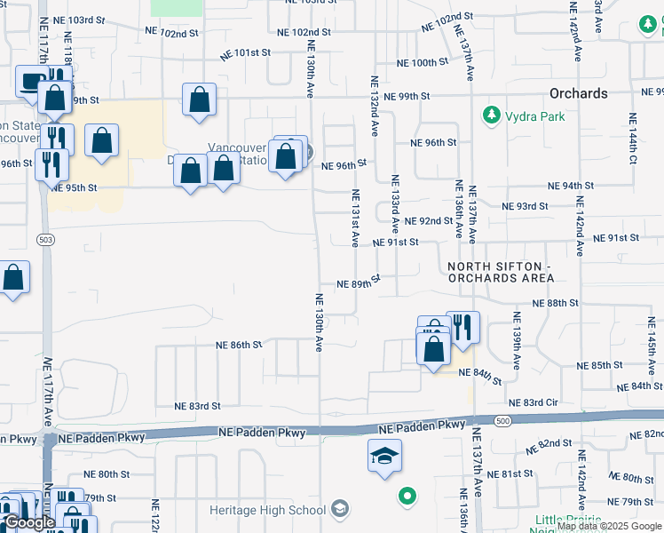 map of restaurants, bars, coffee shops, grocery stores, and more near 13011 Northeast 91st Circle in Vancouver