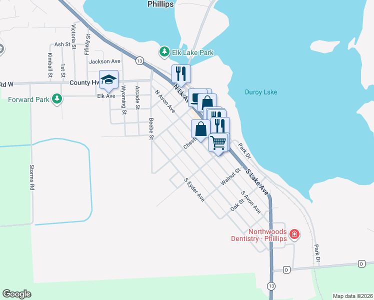 map of restaurants, bars, coffee shops, grocery stores, and more near 104 South Avon Avenue in Phillips