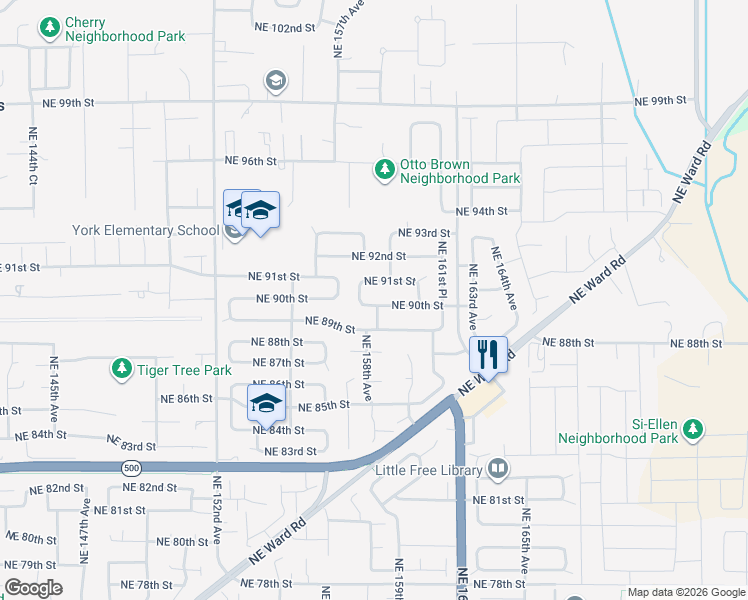 map of restaurants, bars, coffee shops, grocery stores, and more near 15816 Northeast 91st Street in Vancouver