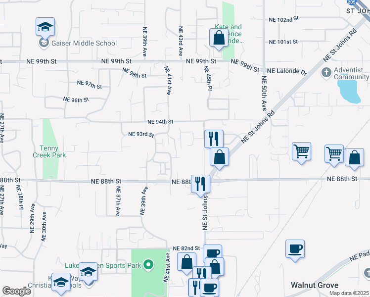 map of restaurants, bars, coffee shops, grocery stores, and more near 9101 Northeast 43rd Avenue in Vancouver