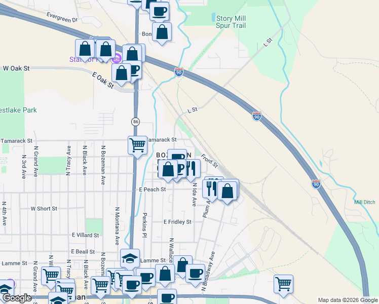 map of restaurants, bars, coffee shops, grocery stores, and more near 720 Front Street in Bozeman