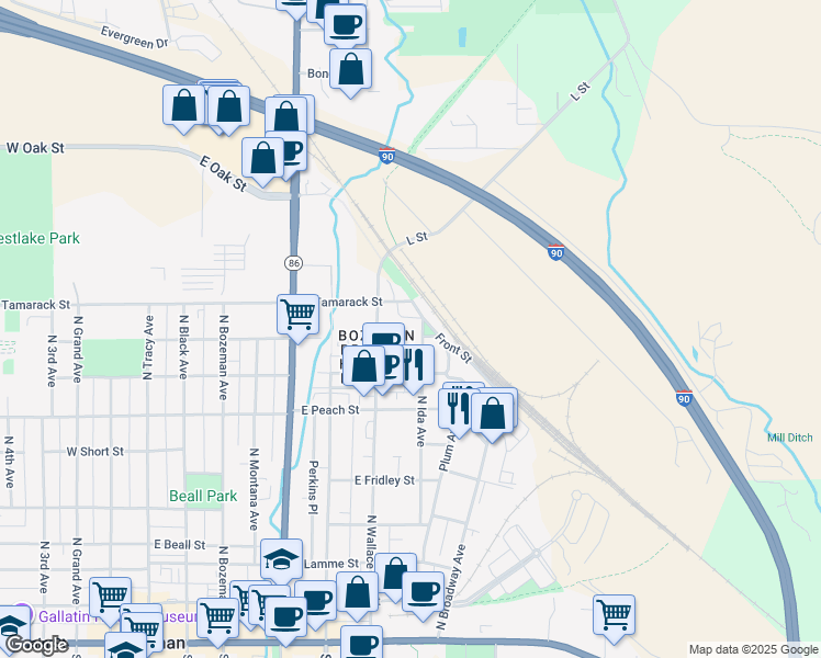 map of restaurants, bars, coffee shops, grocery stores, and more near 720 Front Street in Bozeman