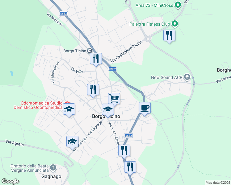 map of restaurants, bars, coffee shops, grocery stores, and more near 43 Via Circonvallazione in Borgo Ticino