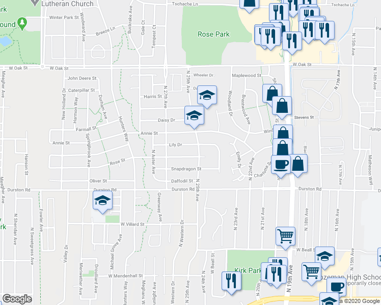 map of restaurants, bars, coffee shops, grocery stores, and more near 2511 Rose Street in Bozeman